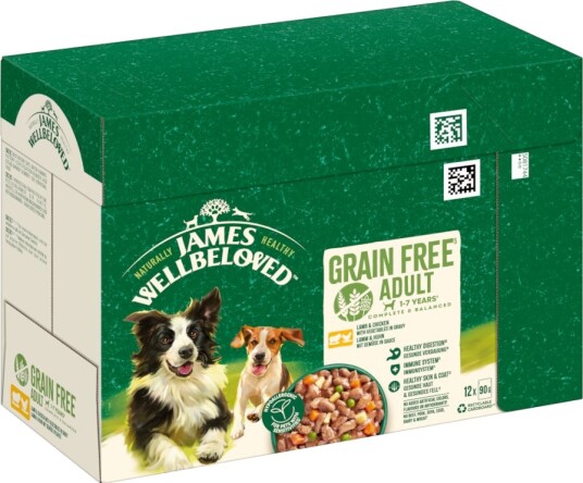 James Wellbeloved våtfôr Hypoallergenic Grain Free og med grønnsaker kylling lam 12 x 90 g