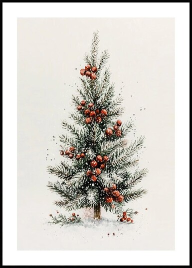 Watercolor Christmas Tree with Red Berries Plakat Plakat / 40x50cm
