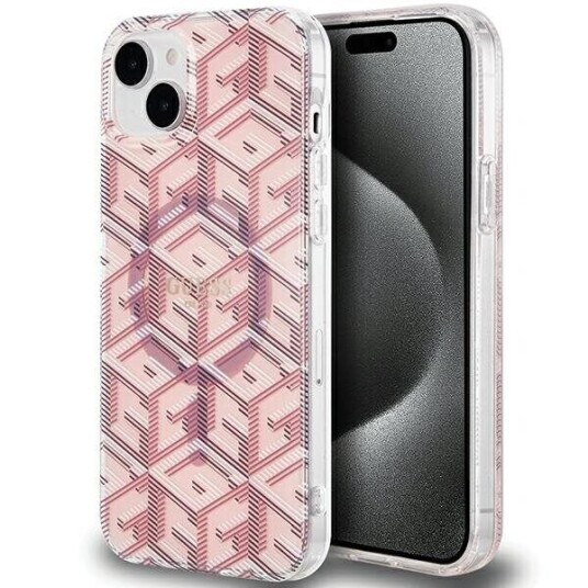 Guess IML Gcube MagSafe Frontpaneldeksel for iPhone 15 Plus Rosa Mobildeksel