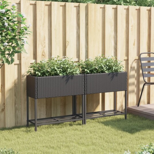 Plantekasser med hylle 2 stk svart 70x28x70 cm polyrotting