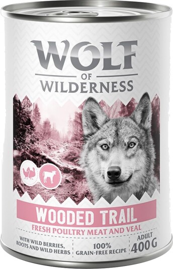 Wolf Of Wilderness Våtfôr Adult Med Fjærkre Wooded Trails Fjærke Med Kalv 6 X 400 G