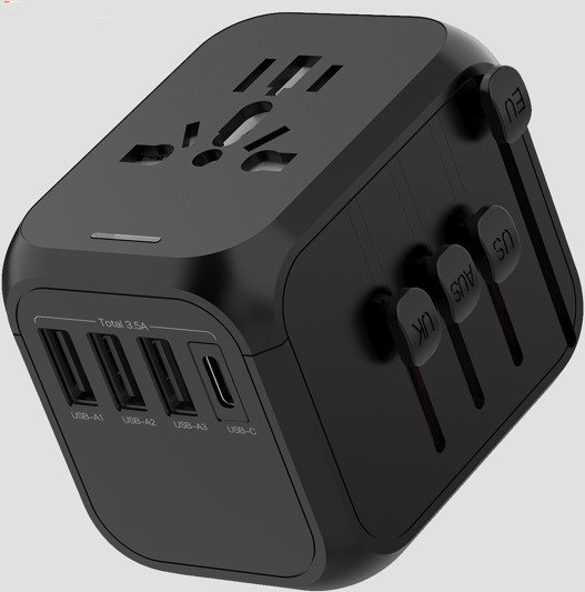 Universal reiseadapter med USB-C og 3 USB-A-porter for 150 land - CE-sertifisert - Kompatibel med US UK EU AU-pluggtyper - Svart