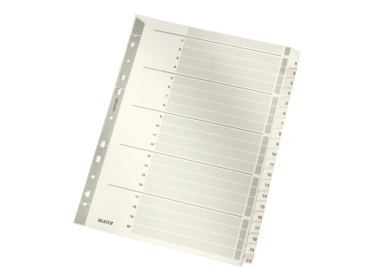 Leitz Mylar Kartongregister Tall A4 1 20 20 Deler Grå 160 Gsm Med Skrivbart Omslagsark Flik Og Perforering 4326 00 00