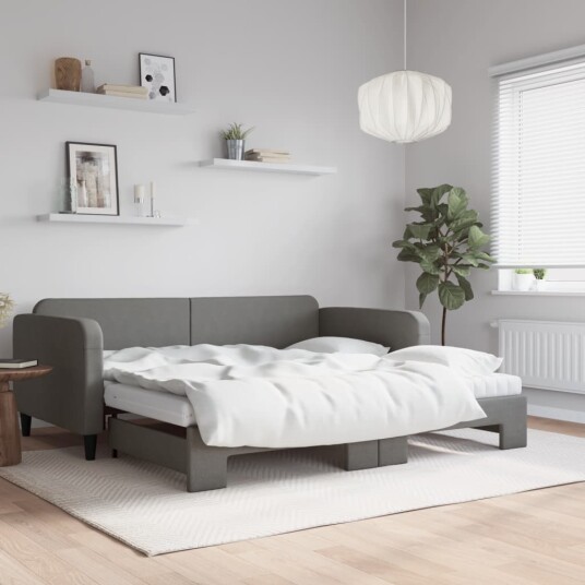  Uttrekkbar dagseng med madrass mørkegrå 90x190 cm stoff