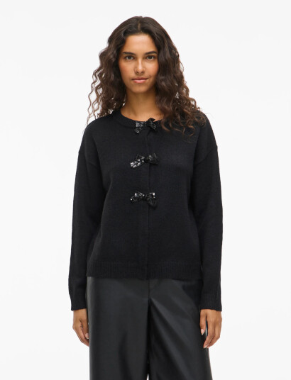 Vila Vibrianna O-Neck L/S Bow Knit Cardigan - Black - XXL Vila Vibrianna O-Neck L/S Bow Knit Cardigan - Black - XXL