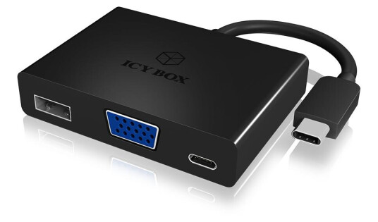 ICY BOX USB-C till VGA och USB Typ A adapter, USB PD 60W, 5Gbps, svart