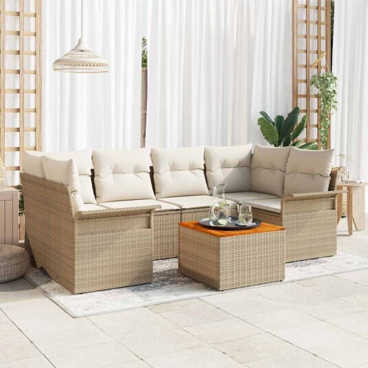 7-delers hagesofa-sett med puter i beige laget av polyroddacacia.