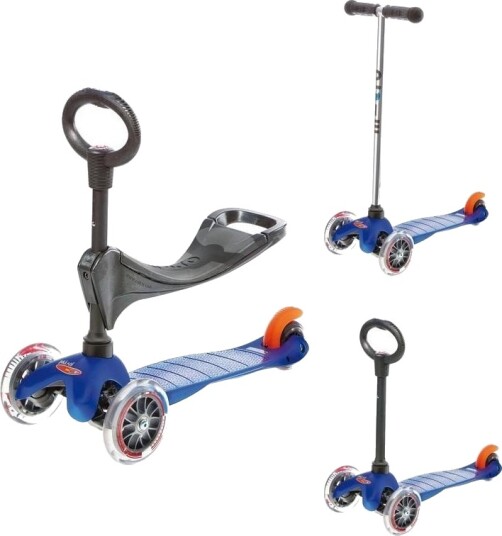 Micro Mini 3in1 sparkesykkel for barn tre hjul, avtagbart sete og barnehåndtak blå Micro Mini 3in1 sparkesykkel for barn tre hjul, avtagbart sete og barnehåndtak blå