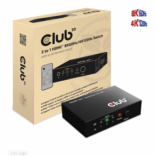 Club 3D Club3D HDMI Switchbox 3 Eingänge -> 1 Ausgang  8K60Hz UHD retail