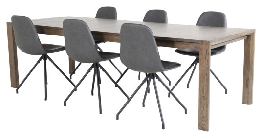 Venture Design Slider Spisebord m. uttrekk, Røkt Eik med 6 Polar-stoler m. spin, Sort PU Unoliving
