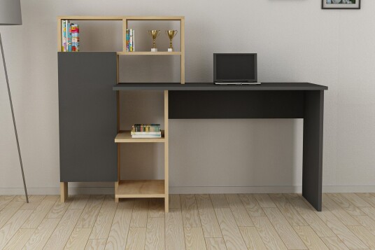 Skrivebord Mazirbe 135 cm med Oppbevaring Hyller + Skap Antrasitt/Natur