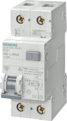 Siemens Kombinasjonsbryter Automatsikring/HPFI C 25A 1P+N, 30mA 5SU1356-7KK25 90x36x70 mm Siemens Kombinasjonsbryter Automatsikring/HPFI C 25A 1P+N, 30mA 5SU1356-7KK25 90x36x70 mm