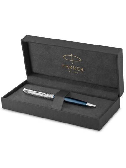 Parker Sonnet Ballpoint Pen  Premium Metal and Blå Satin Finish with Chrome Trim  Medium Point with Svart Ink Refill  Gift Box