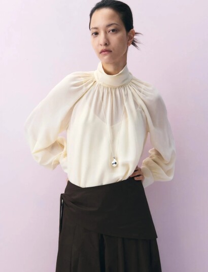 Mango High Neck Semi Transparent Blouse Beige S Mango High Neck Semi Transparent Blouse Beige S