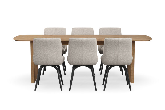 Bark Richeto Spisegruppe 240 cm med 6 Mora Snurrestoler Naturlig finish/Mørk beige