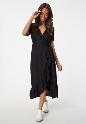 Happy Holly Evie Puff Sleeve Midi Wrap Dress Black 52/54 Happy Holly Evie Puff Sleeve Midi Wrap Dress Black 52/54