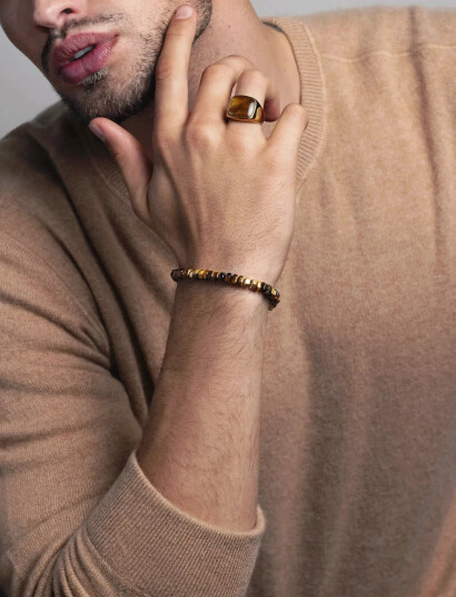 Nialaya Men"s Hexagon Beaded Bracelet With Tiger Eye And Gold   Brown   L