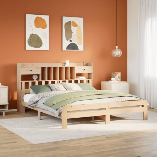 Seng med bokhylle uten madrass 200x200 cm heltre furu 8721158383099