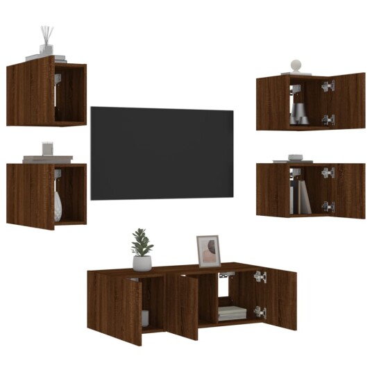 vidaXL Vegghengte TV-enheter med LED 6 deler brun eik konstruert tre 8721012472327