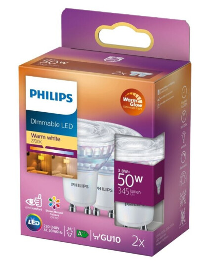 Philips Led-Pære For Søkelys Gu10 3.8 W Ekvivalent 50 Klasse F Varmt Hvitt Lys 2200-2700 K En Pakke 2 Philips Led-Pære For Søkelys Gu10 3.8 W Ekvivalent 50 Klasse F Varmt Hvitt Lys 2200-2700 K En Pakke 2