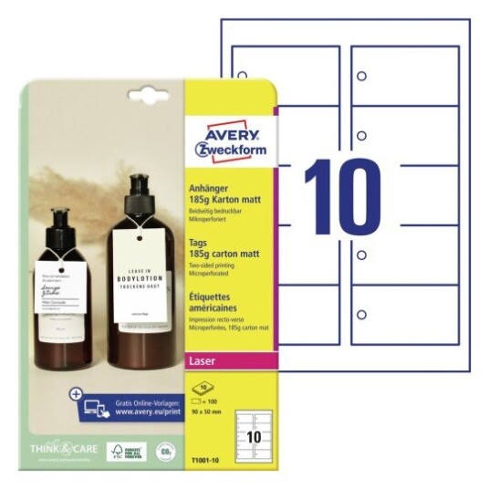 Avery Tags kartong 185 g mikroperforert 90x50 mm hvit 90 x 50 modell T1001-10 90 x 50