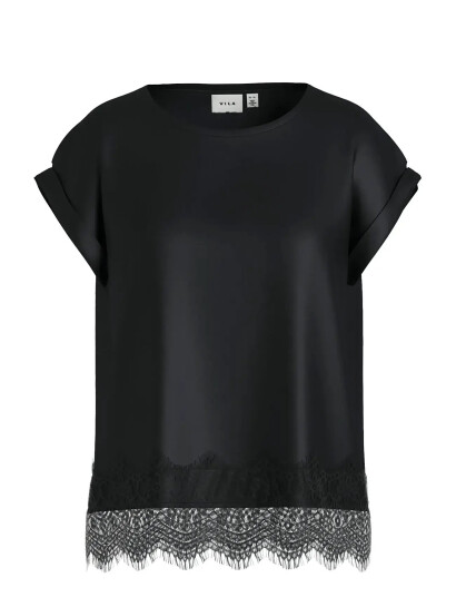 Vila Viellette S/S Full Satin Lace Top - Noos - Black - 44