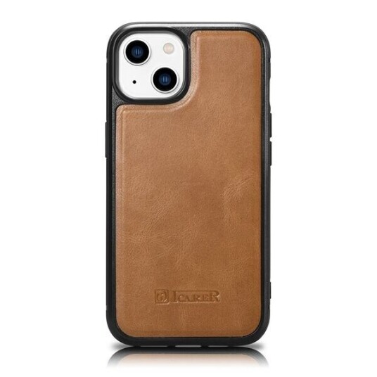Icarer Leather Oil Wax-Deksel Dekket Med Naturlig Skinn For Iphone 14 Plus Brun (Wmi14220719-Tn)