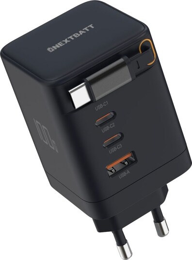 NEXTBATT 100W GAN hurtiglader med uttrekkbar USB-C-kabel Svart