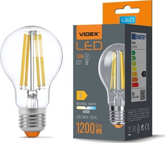 Videx E27 10W LED filament pære A60 4000K 360 grader glass Kulør : Nøytral Videx E27 10W LED filament pære A60 4000K 360 grader glass Kulør : Nøytral