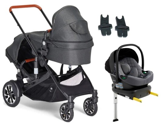 Beemoo Maxi 4 Twin Søskenvogn Inkl. Beemoo Route i-Size Babybilstol &  Base Black/Mineral Grey