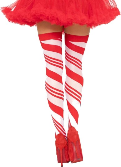 Røde og hvite “candy cane” lårstrømper i elastan Røde og hvite “candy cane” lårstrømper i elastan