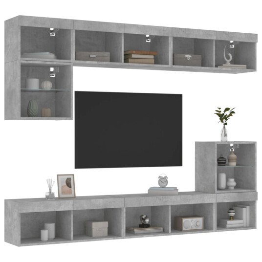 vidaXL Vegghengte TV-enheter med LED 8 deler betonggrå konstruert tre 8721012470866
