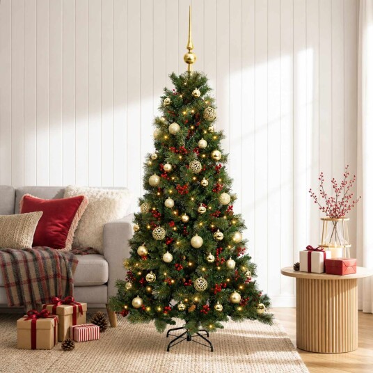 vidaXL Kunstig juletre med julekuler 120 cm 150 LED-lys Varmhvit