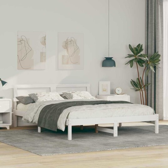  Sengestamme med LED  stripelys med hodegjerde Hvit 160 x 200 cm Furu tre