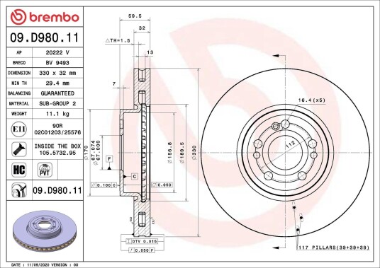 Bremseskive BREMBO 09.D980.11 Bremseskive BREMBO 09.D980.11