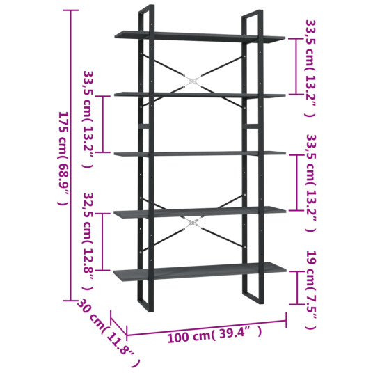 vidaXL Bokhylle 5 niv?er 100x30x175 cm furu gr?