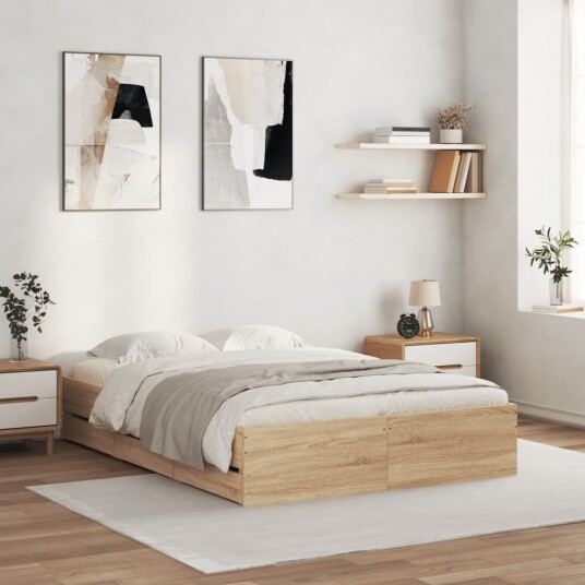 vidaXL Sengeramme med skuffer sonoma eik 120x200 cm konstruert tre 8721012244993