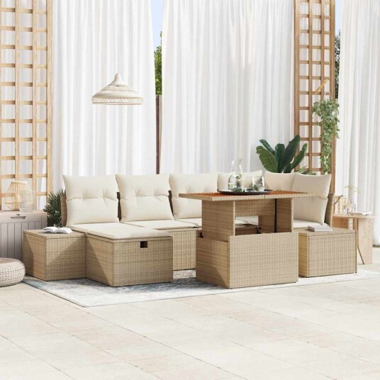 Hagesofa Set med pute med lagring 7 pcs Beige Poly rattan