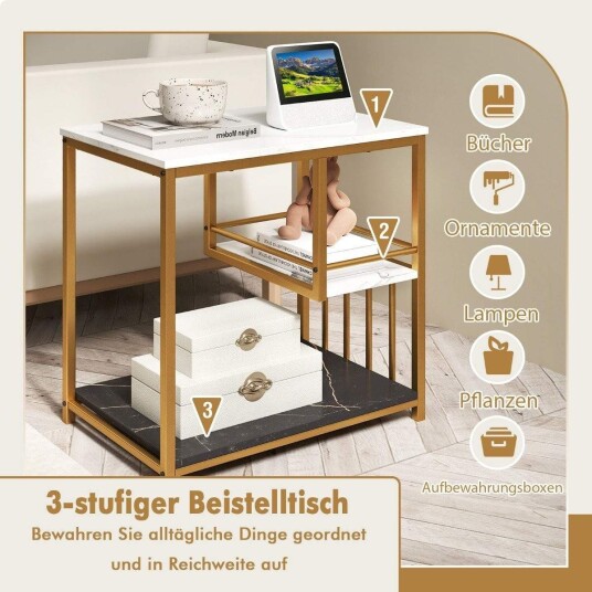 Sidebord marmorlook 3 lags nattbord med metallramme salongbord moderne stuebord hvit