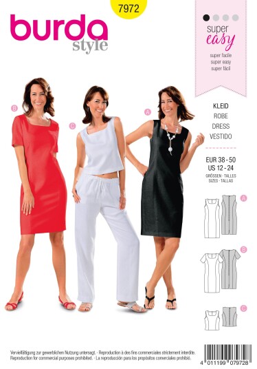 Burda 7972 - Kjole & Topp EUR: 38-50, US: 12-24