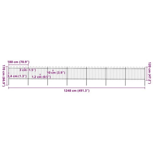 Hagegjerde med buet topp stål 11,9x1,2 m svart
