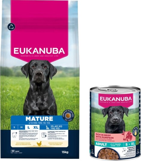 15 Kg Eukanuba Premium Nutrition + 3 X 400 G Matchende Våtfôr På Kjøpet! Mature Large & Giant Breed Kylling + Senior Rik På Storfekjøtt Med Gresskar