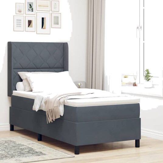 Box Spring Seng med Madrass & LED Mørk Grå 90x190 cm Fløyel