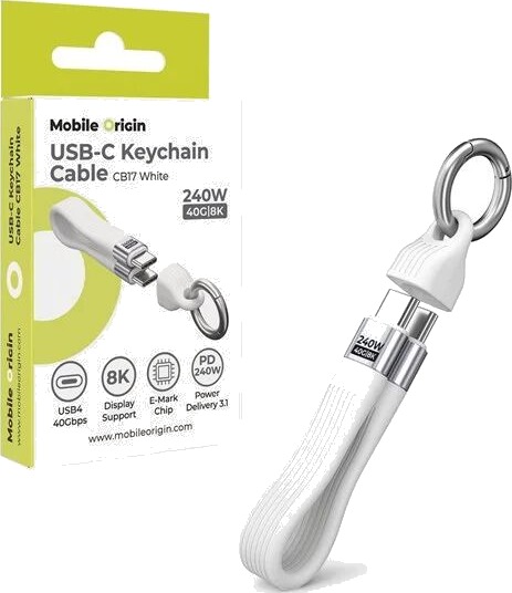 Mobile Origin CB17 USB-C nøkkelringkabel 240 W 40 Gbps 8K hvit MO-UK-CB17-WHT