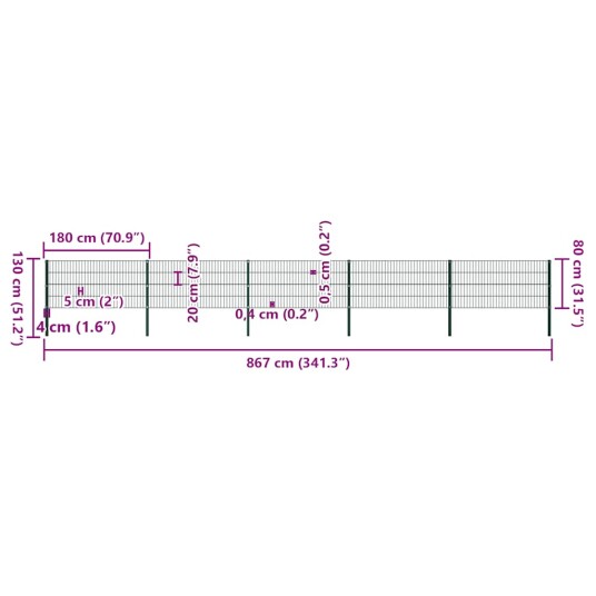 vidaXL Gjerdepanel med stolper jern 8,5x0,8 m grønn 5x144933 vidaXL Gjerdepanel med stolper jern 8,5x0,8 m grønn 5x144933