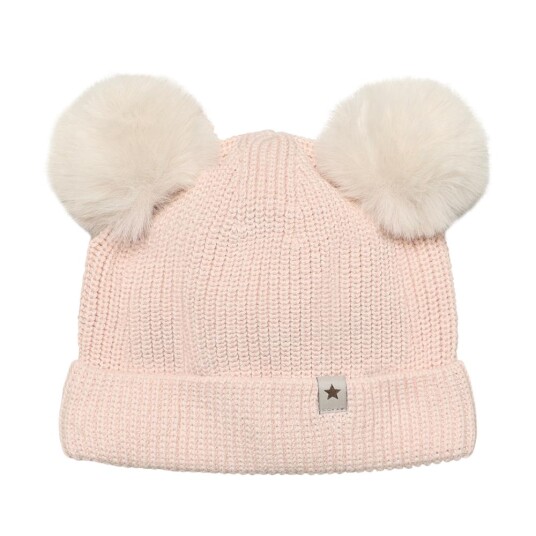 Huttelihut hat knit w. pompoms – peach blush 4 6år