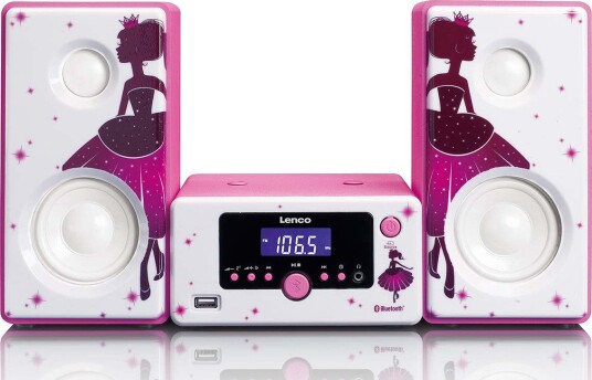Lenco MC-020 Mikro musikkanlegg - Bluetooth, USB-A, AUX, Vekkerklokke - Prinsesse-design