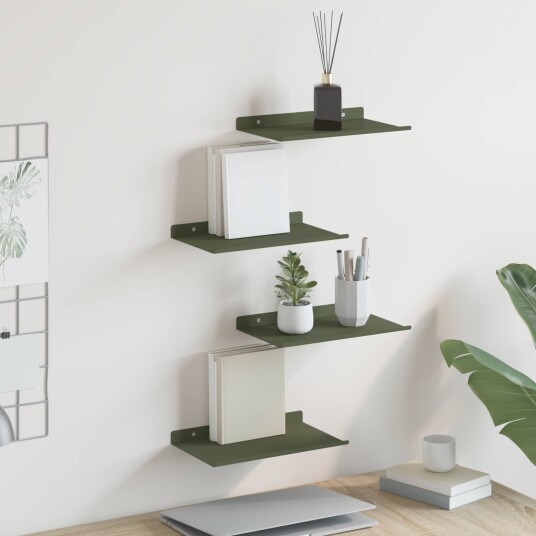 vidaXL Flytende hylle 4 pcs Olivengrønn 30 x 18 x 2,5 cm Stål