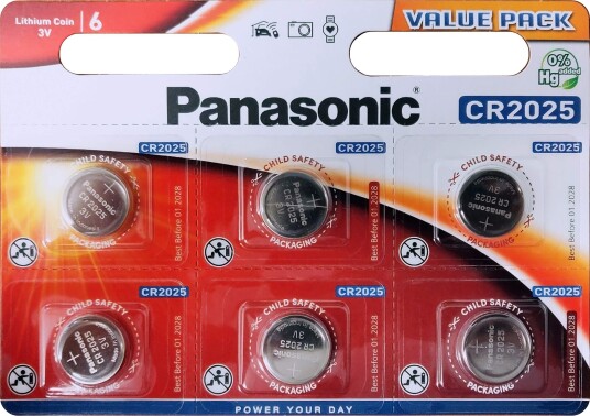 Panasonic CR2025 Lithium Knappcellebatteri 6-pakning 3V Sølv Panasonic CR2025 Lithium Knappcellebatteri 6-pakning 3V Sølv