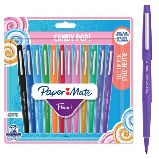 Paper Mate Flair Felt Tip Pens Medium Point 0.7mm Assorted Candy POP Colours 12 Count Paper Mate Flair Felt Tip Pens Medium Point 0.7mm Assorted Candy POP Colours 12 Count